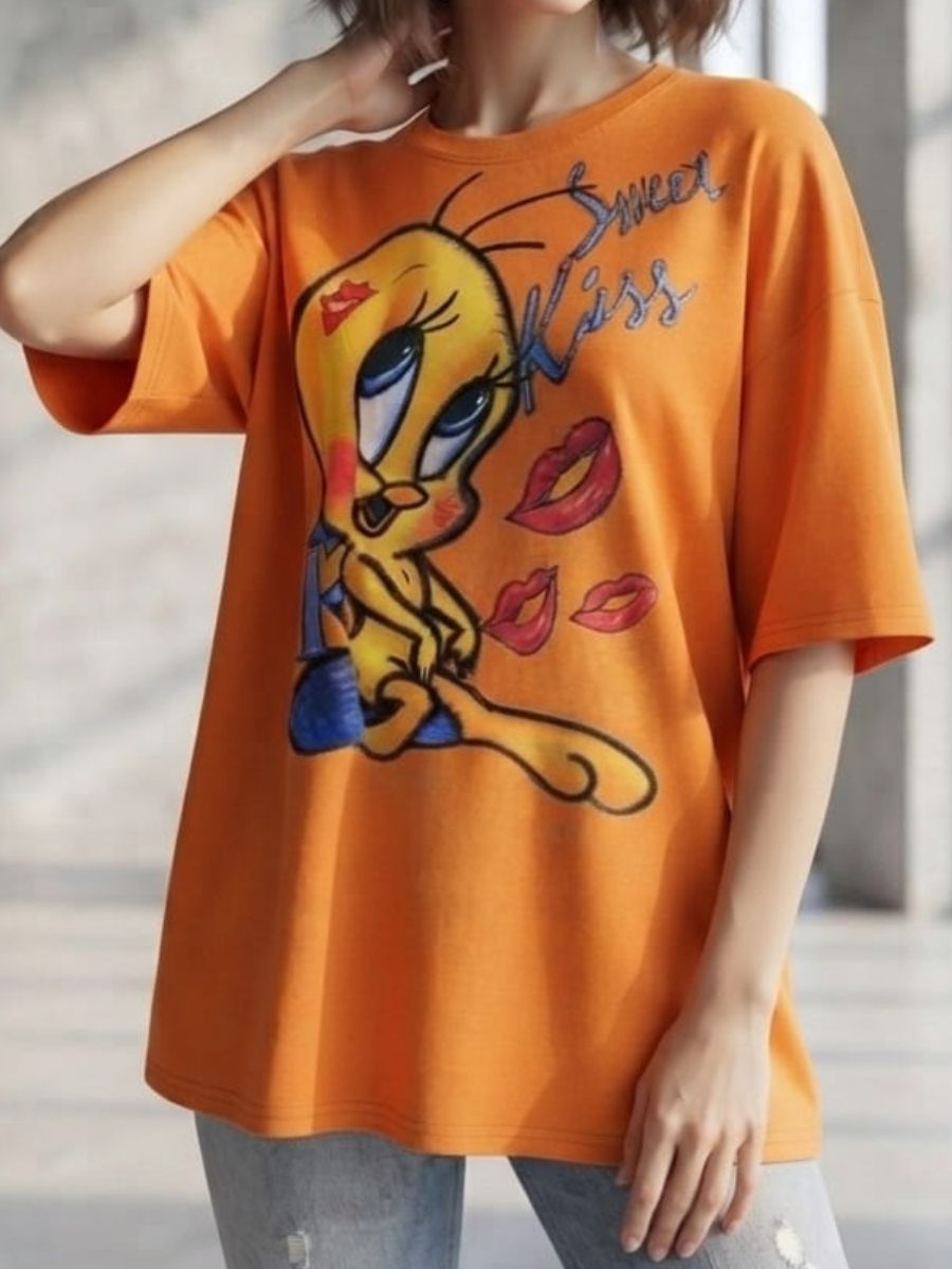 ModaFesta -Womens Oversized Graphic Print Orange T-Shirt